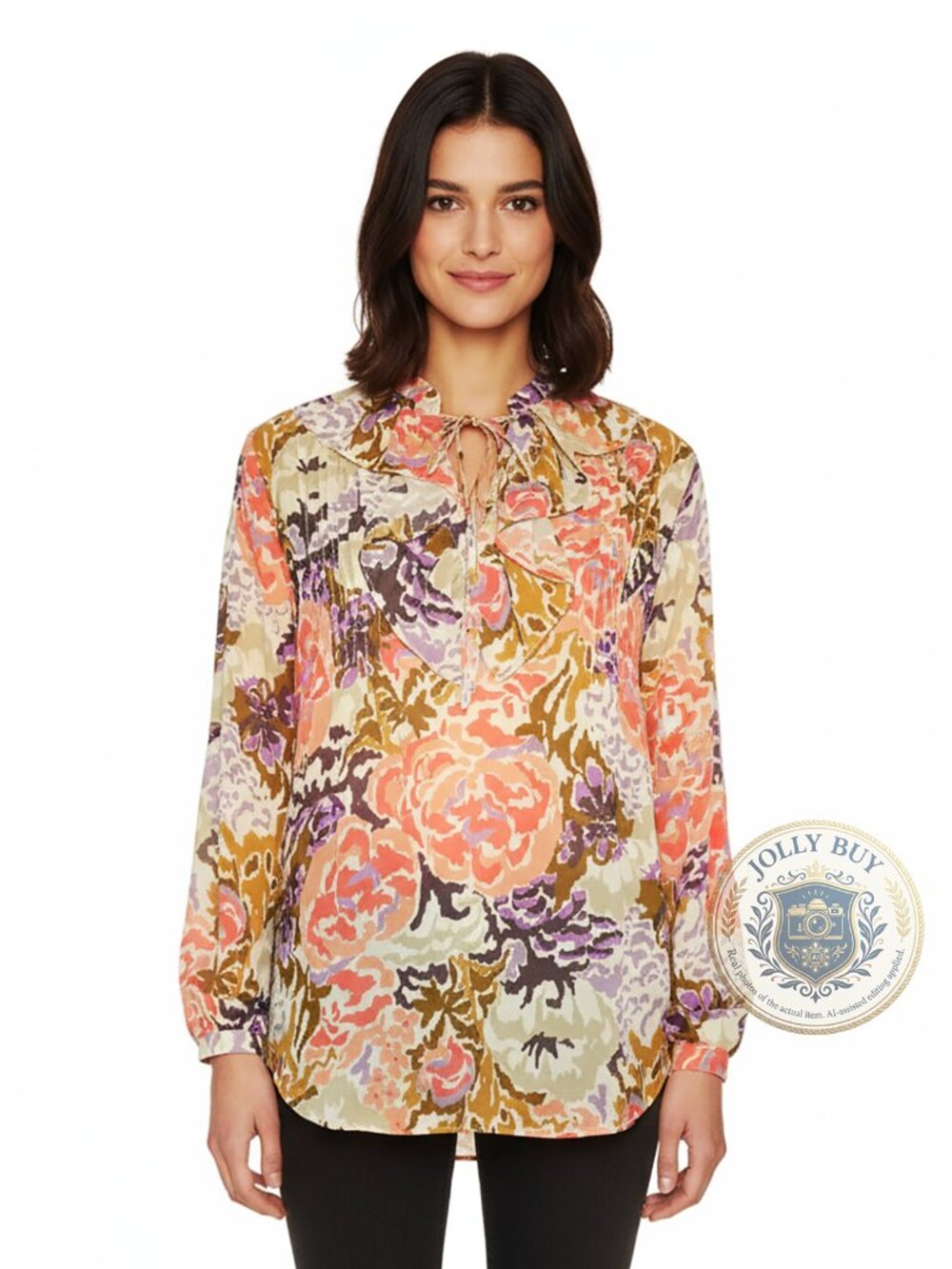 Ralph Lauren Women’s Chiffon Blouse Ruched Top Lantern Long Sleeve Floral Size S
